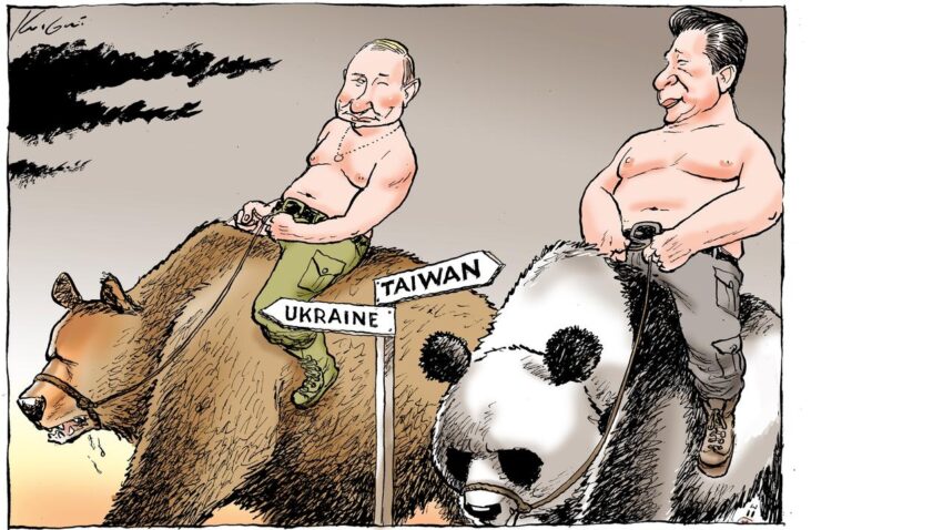 Xi and Putin riding a panda and a bear, respe ctively